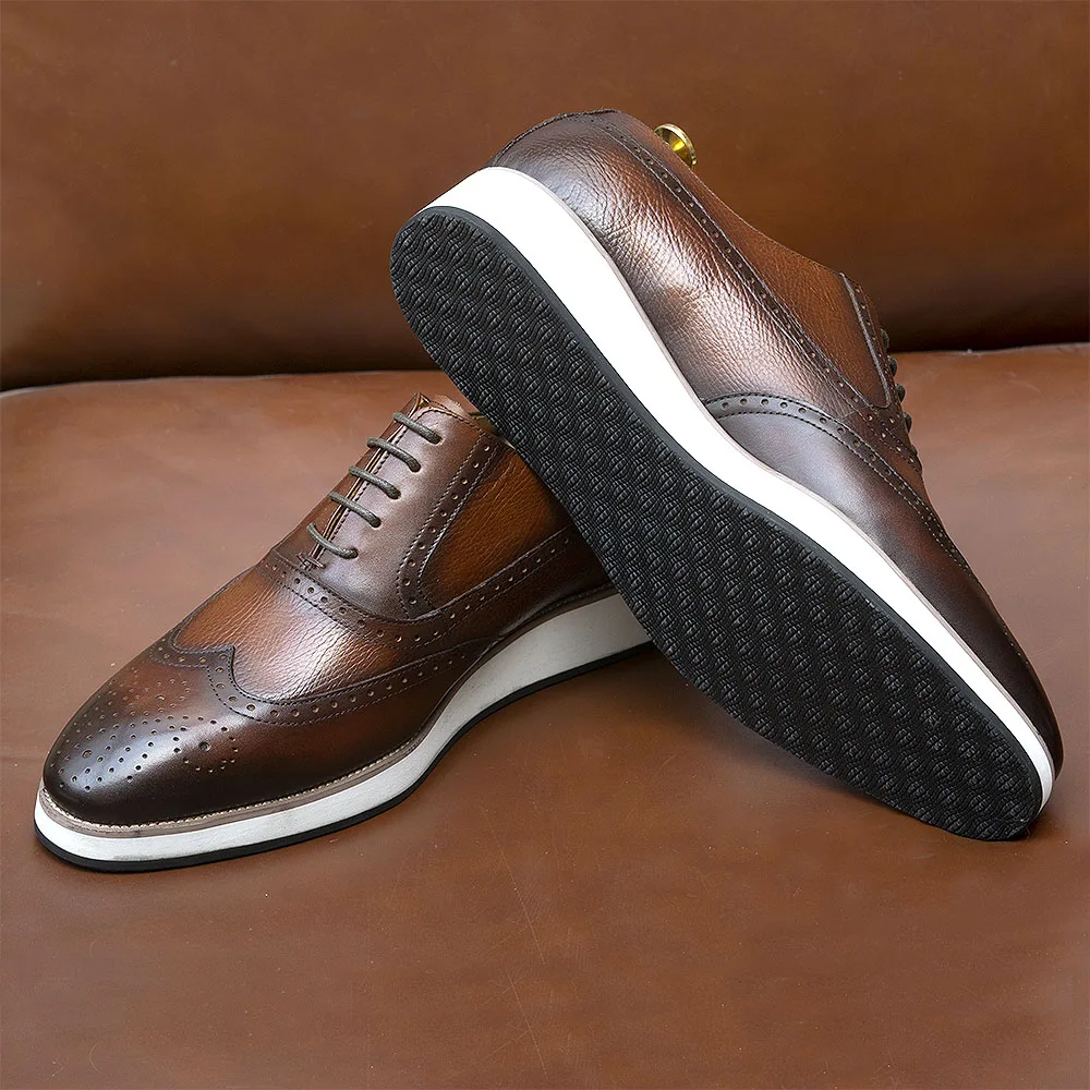 Men's Real Leather Oxford Shoes Classic Wing Tip Toe Lace-Up Handmade Comfortable Casual Sneakers for Business Office