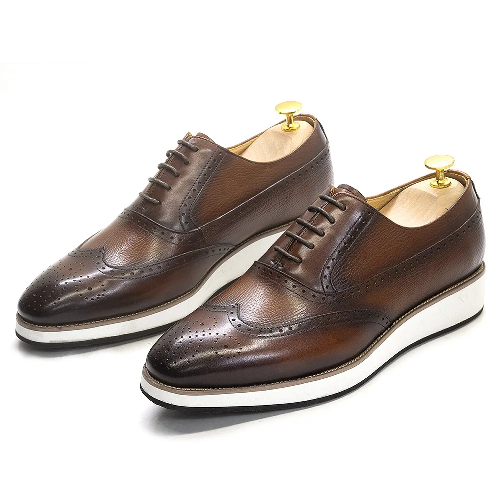Men's Real Leather Oxford Shoes Classic Wing Tip Toe Lace-Up Handmade Comfortable Casual Sneakers for Business Office