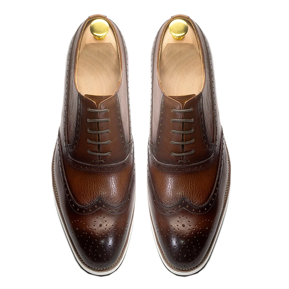 Men's Real Leather Oxford Shoes Classic Wing Tip Toe Lace-Up Handmade Comfortable Casual Sneakers for Business Office