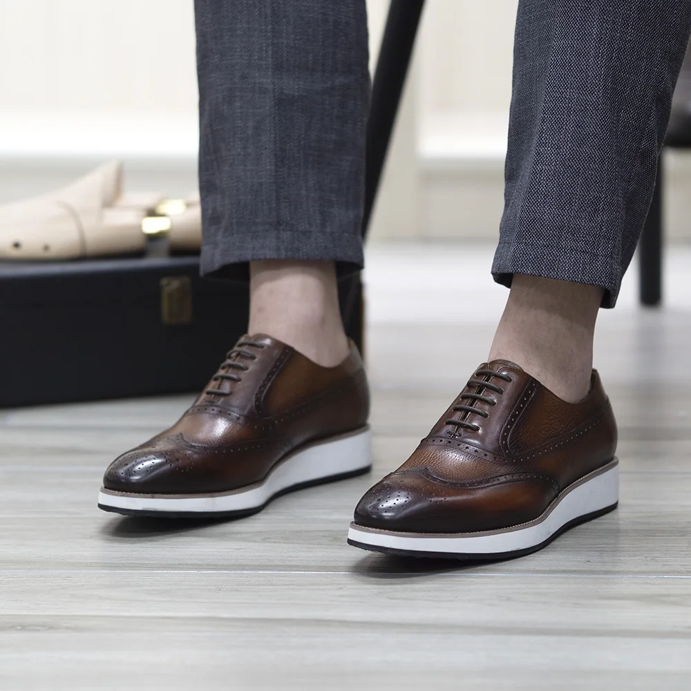 Men's Real Leather Oxford Shoes Classic Wing Tip Toe Lace-Up Handmade Comfortable Casual Sneakers for Business Office