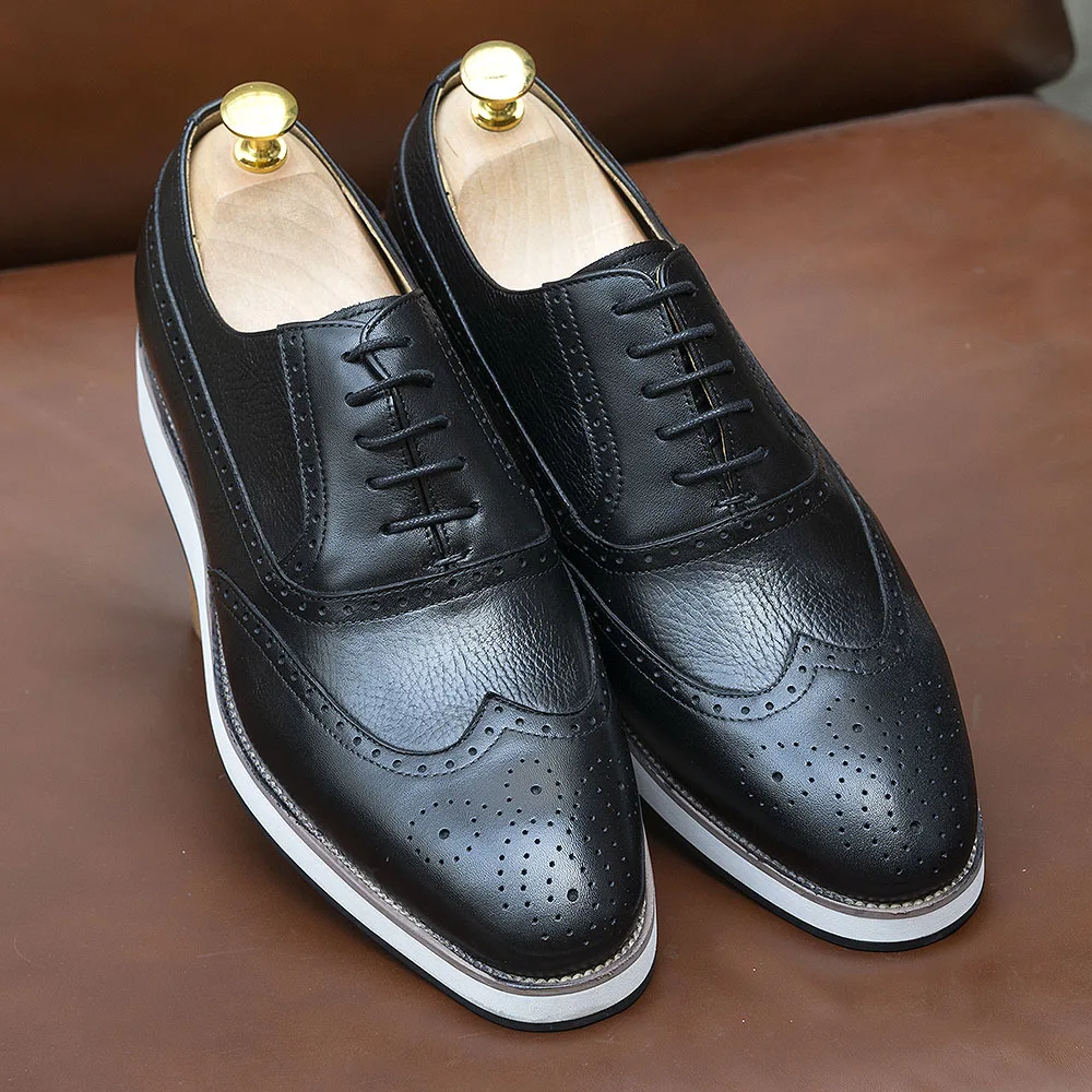 Men's Real Leather Oxford Shoes Classic Wing Tip Toe Lace-Up Handmade Comfortable Casual Sneakers for Business Office