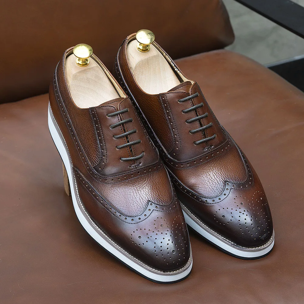 Men's Real Leather Oxford Shoes Classic Wing Tip Toe Lace-Up Handmade Comfortable Casual Sneakers for Business Office