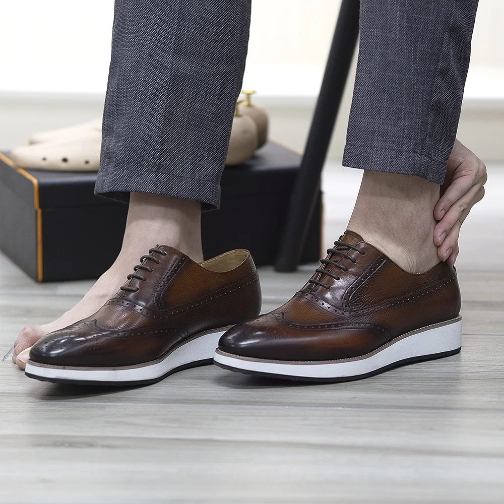 Men's Real Leather Oxford Shoes Classic Wing Tip Toe Lace-Up Handmade Comfortable Casual Sneakers for Business Office