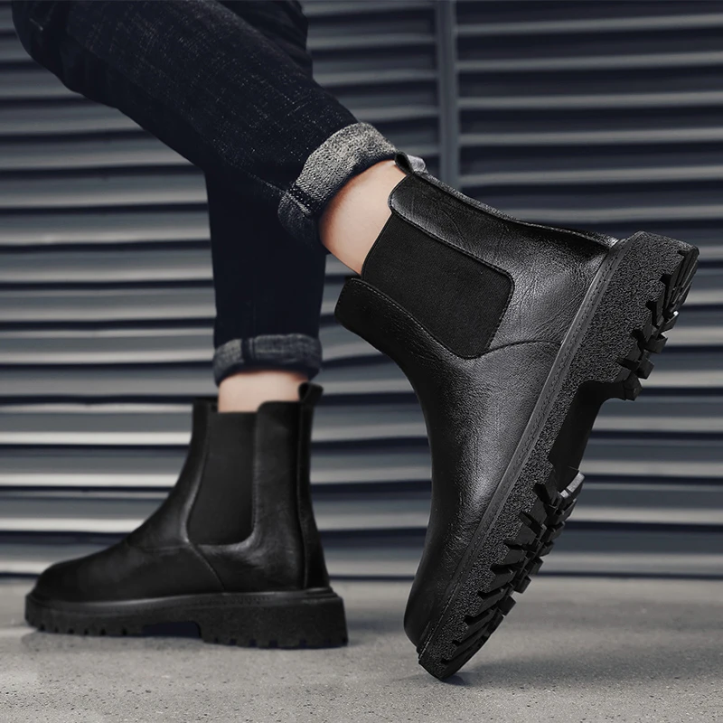 Mens Genuine Leather Chelsea Boots Ankle Casual Fashion Boot Luxury Winter Plush Warm Non-Slip Soles Pure Black Brown Suede