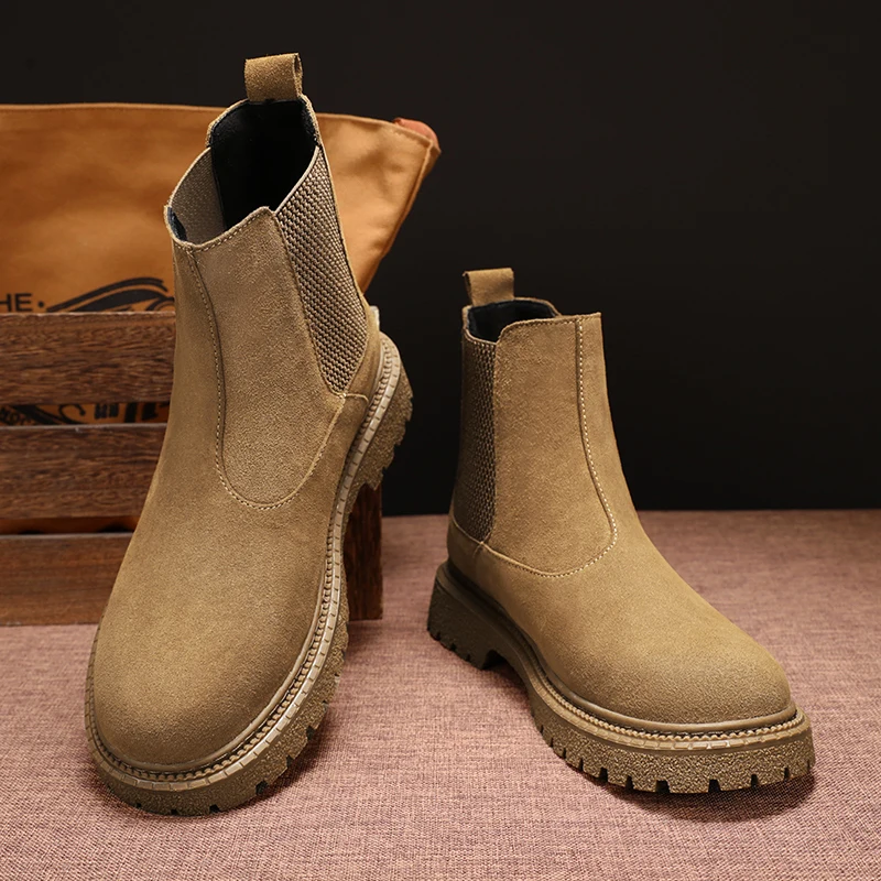 Mens Genuine Leather Chelsea Boots Ankle Casual Fashion Boot Luxury Winter Plush Warm Non-Slip Soles Pure Black Brown Suede