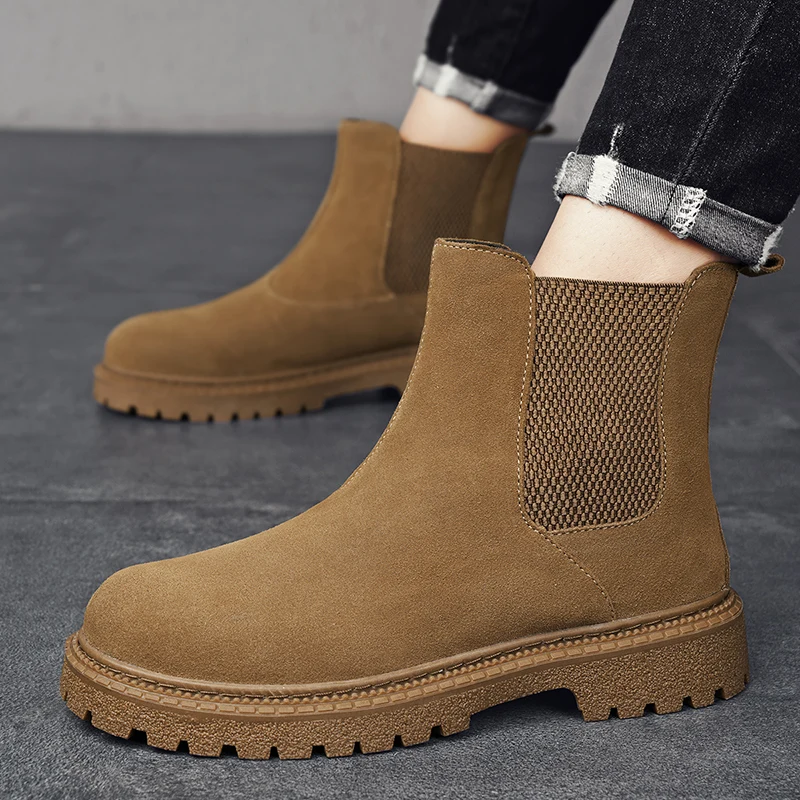 Mens Genuine Leather Chelsea Boots Ankle Casual Fashion Boot Luxury Winter Plush Warm Non-Slip Soles Pure Black Brown Suede