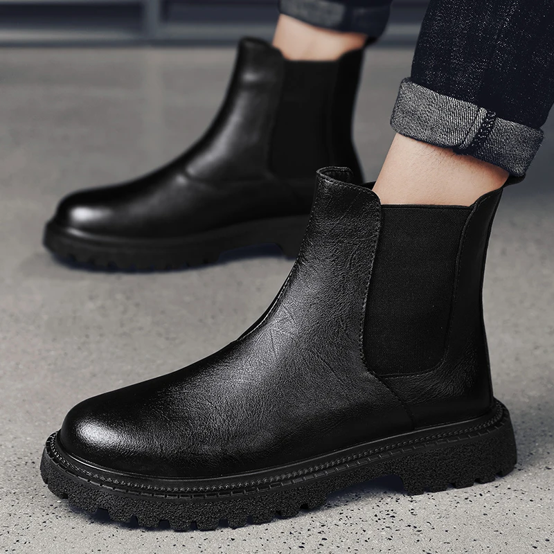 Mens Genuine Leather Chelsea Boots Ankle Casual Fashion Boot Luxury Winter Plush Warm Non-Slip Soles Pure Black Brown Suede