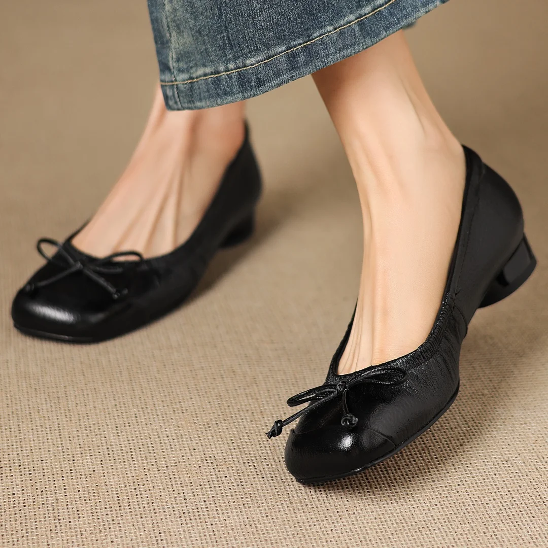 danxuefei women's sheepskin square toe sweet bowtie slip-on flats 2cm round low heel high quality soft comfortable daily shoes