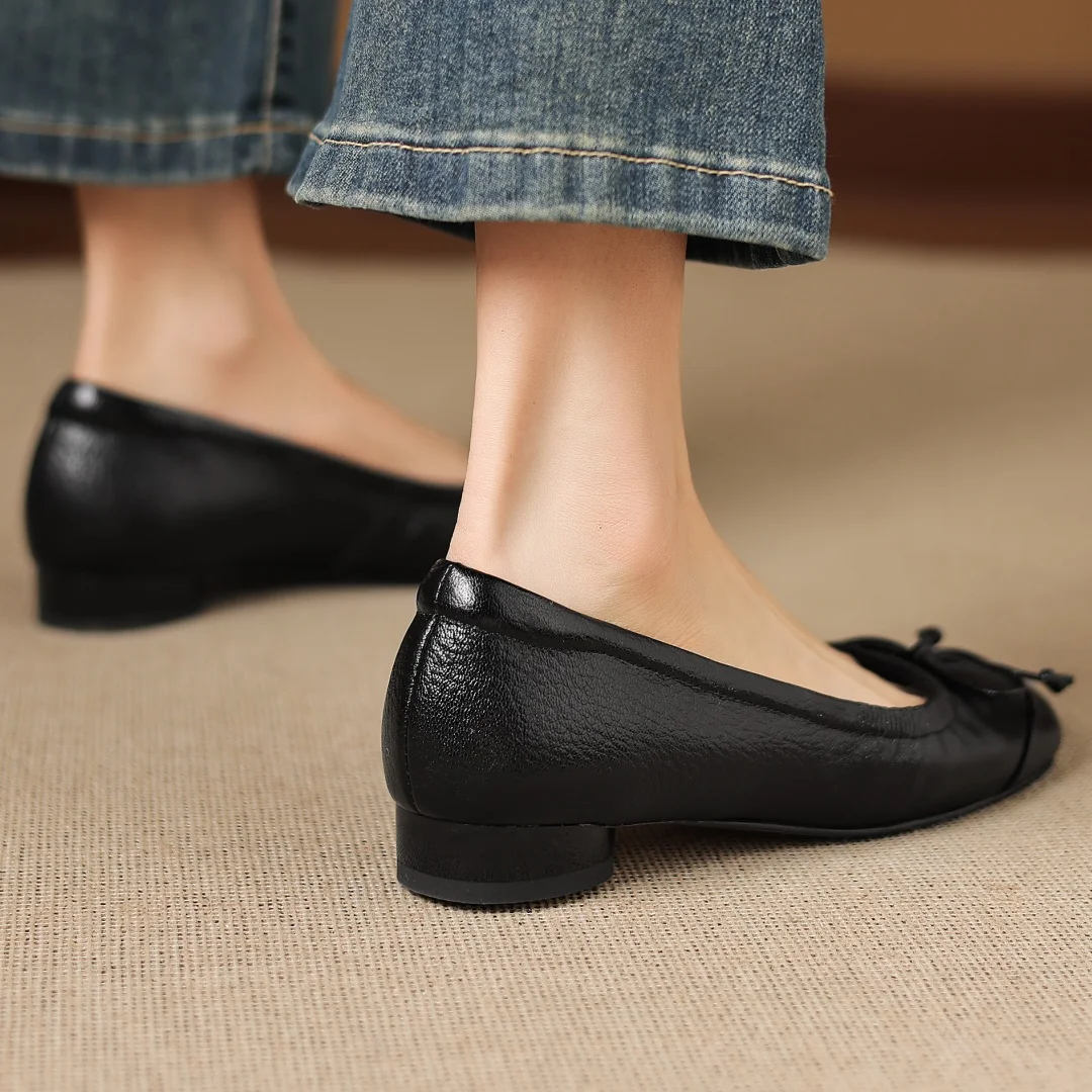 danxuefei women's sheepskin square toe sweet bowtie slip-on flats 2cm round low heel high quality soft comfortable daily shoes