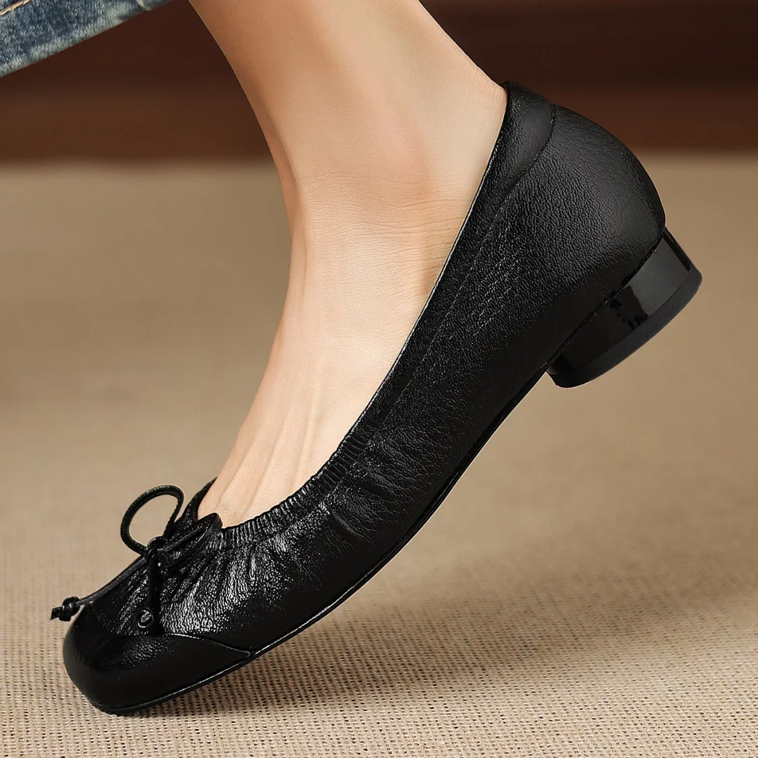 danxuefei women's sheepskin square toe sweet bowtie slip-on flats 2cm round low heel high quality soft comfortable daily shoes