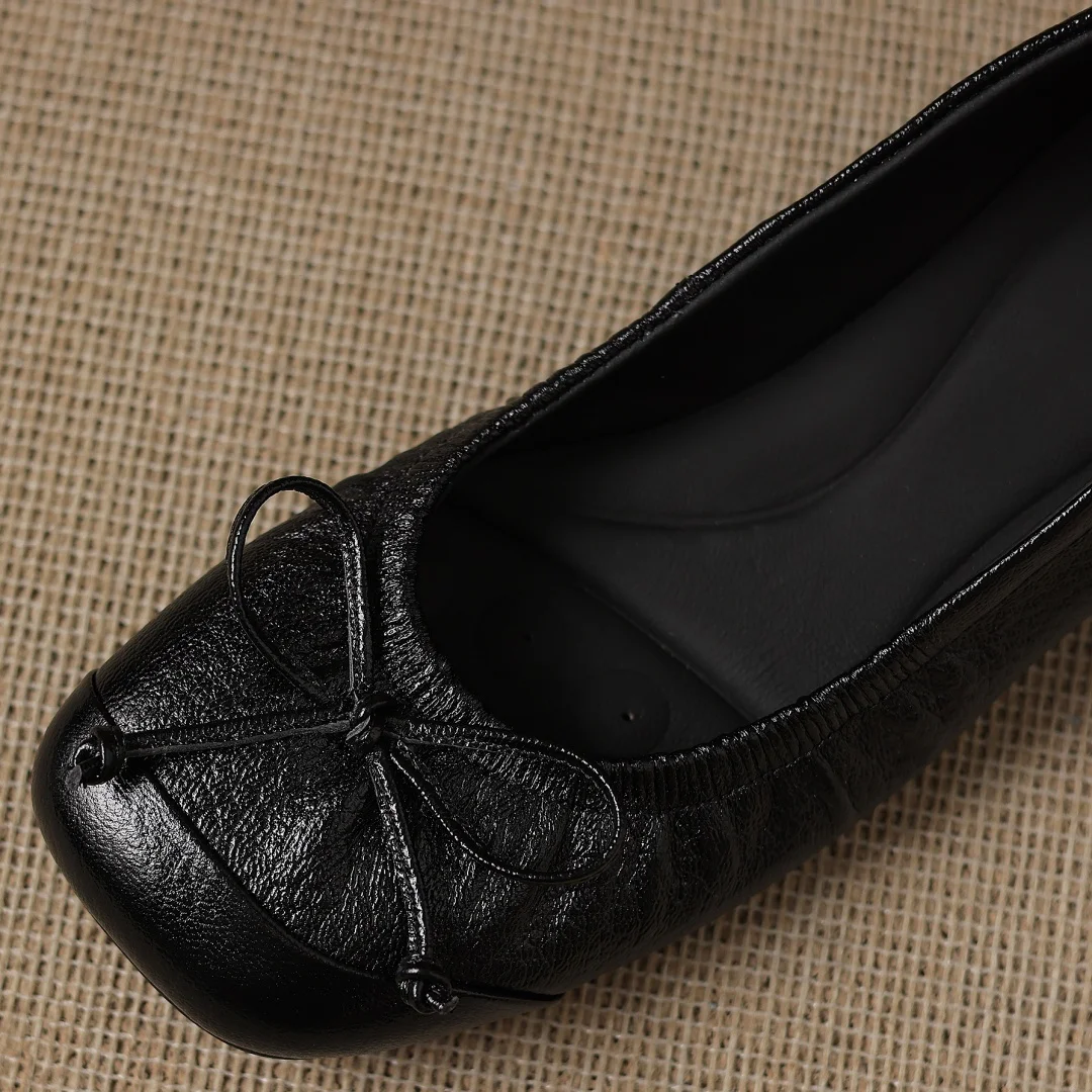 danxuefei women's sheepskin square toe sweet bowtie slip-on flats 2cm round low heel high quality soft comfortable daily shoes