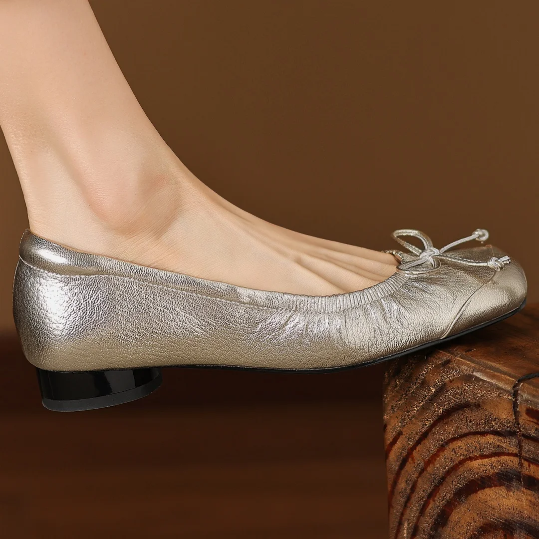 danxuefei women's sheepskin square toe sweet bowtie slip-on flats 2cm round low heel high quality soft comfortable daily shoes
