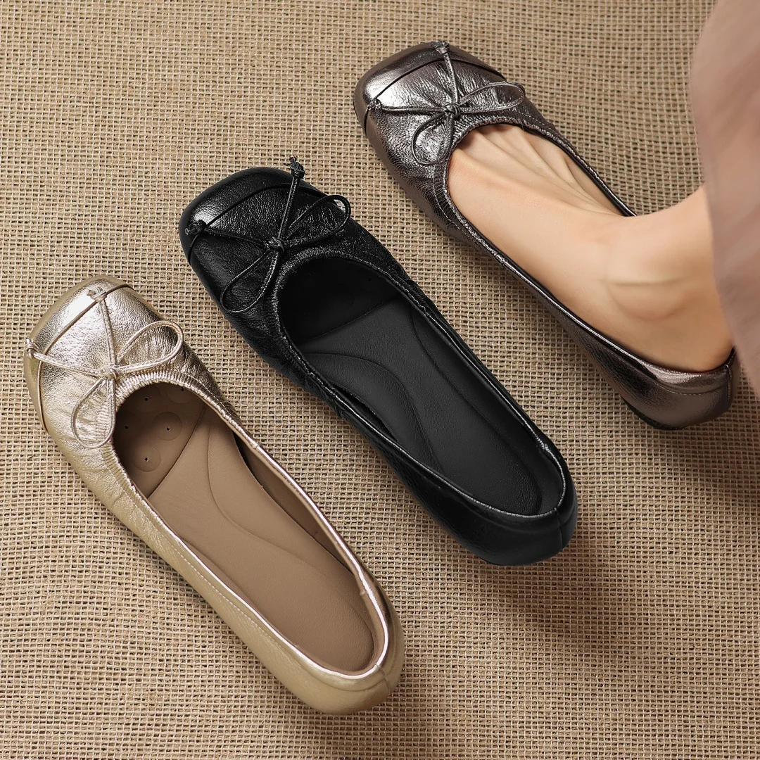danxuefei women's sheepskin square toe sweet bowtie slip-on flats 2cm round low heel high quality soft comfortable daily shoes