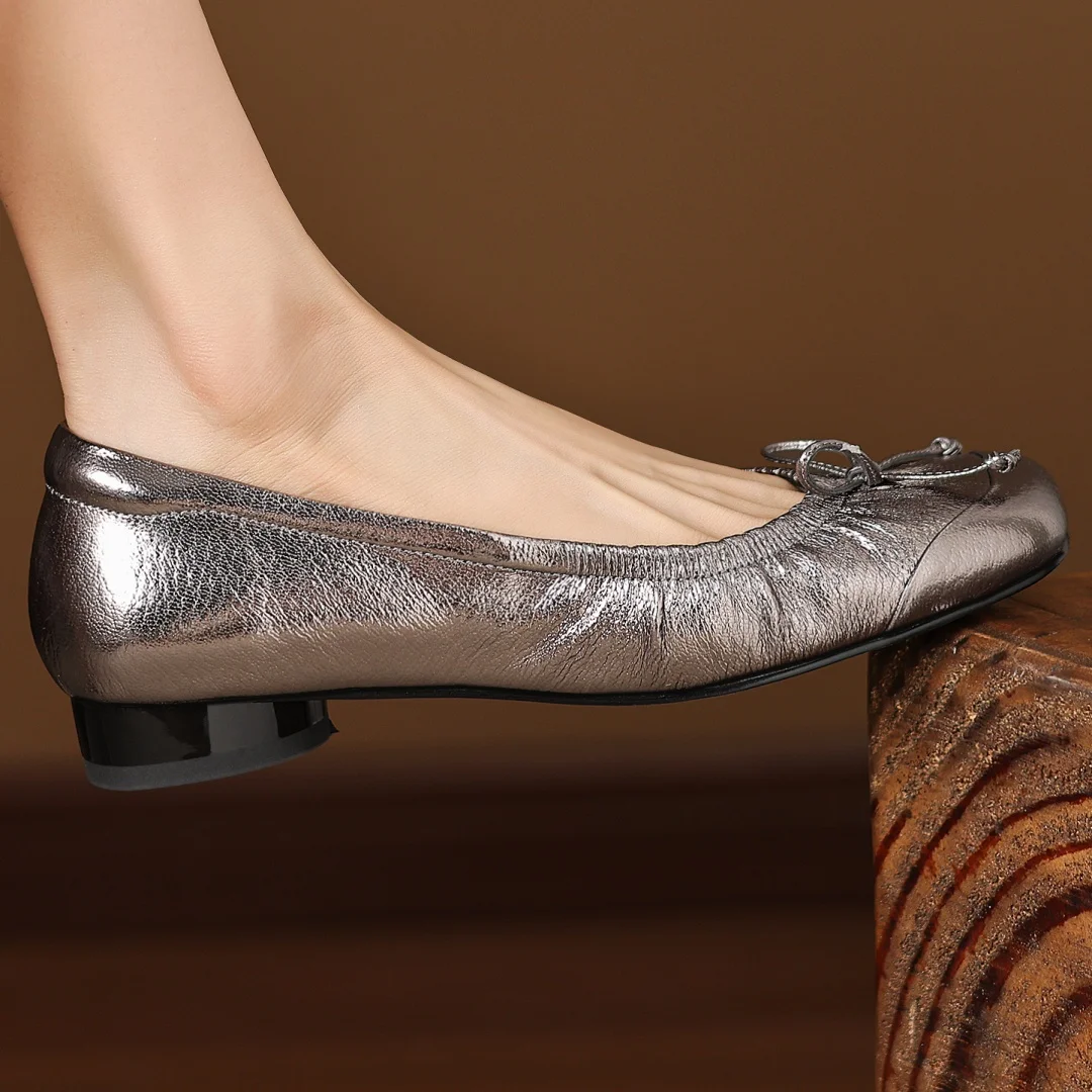 danxuefei women's sheepskin square toe sweet bowtie slip-on flats 2cm round low heel high quality soft comfortable daily shoes