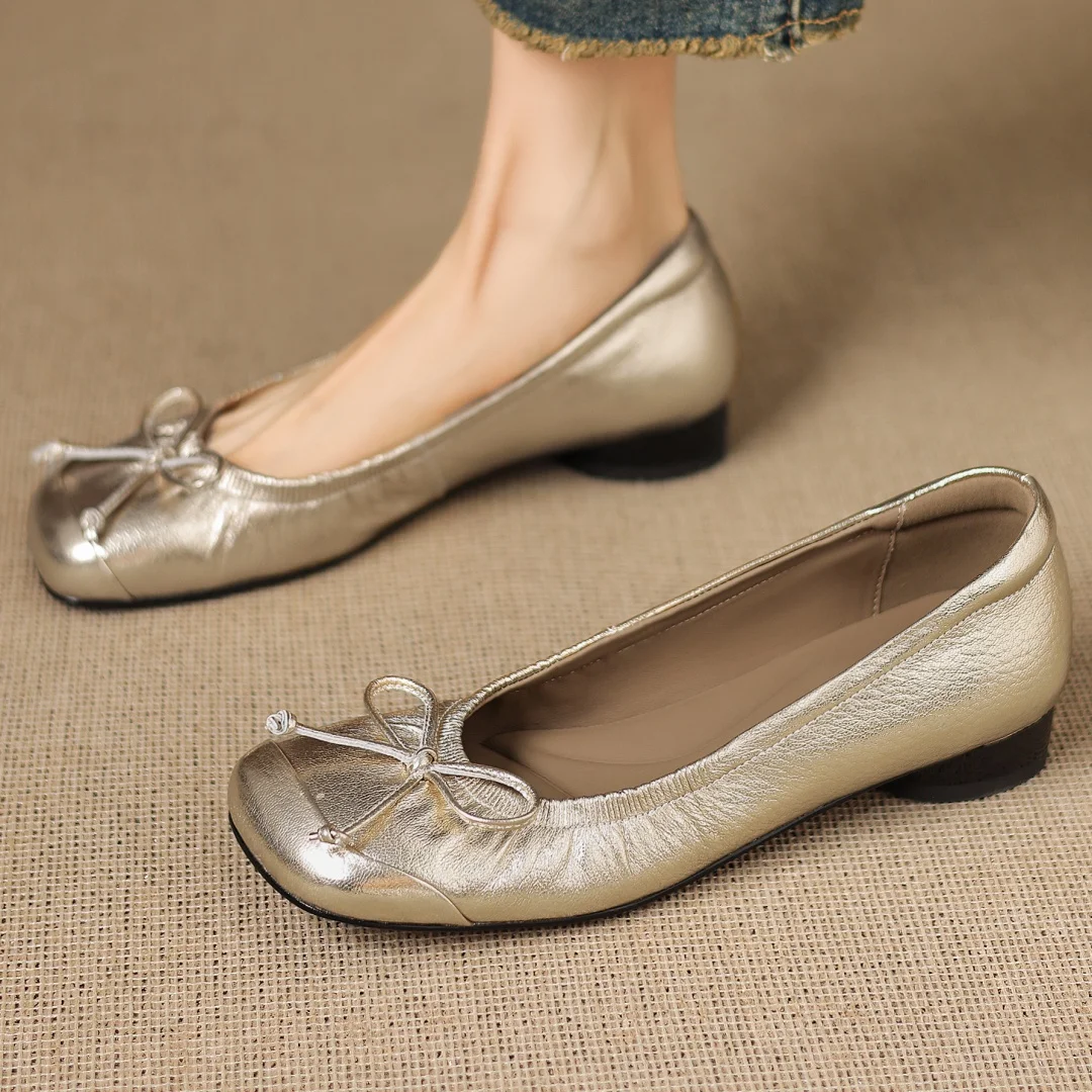 danxuefei women's sheepskin square toe sweet bowtie slip-on flats 2cm round low heel high quality soft comfortable daily shoes