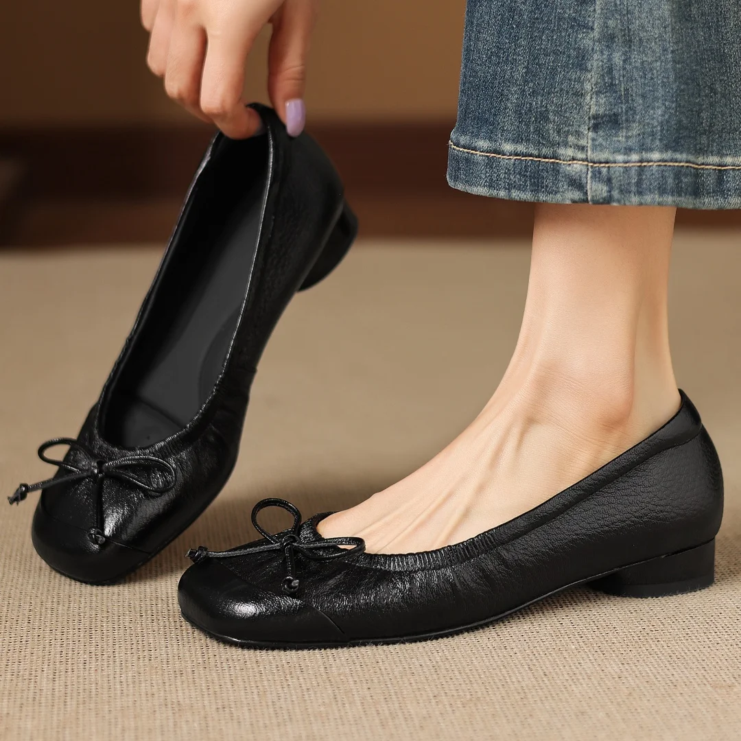 danxuefei women's sheepskin square toe sweet bowtie slip-on flats 2cm round low heel high quality soft comfortable daily shoes