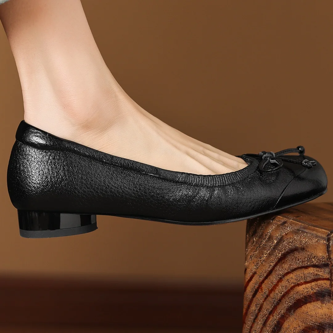 danxuefei women's sheepskin square toe sweet bowtie slip-on flats 2cm round low heel high quality soft comfortable daily shoes