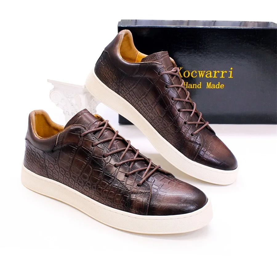 Men's Leather Shoes Casual Comfort Flat Shoes Lace Up Fish Pattern Handmade Shoes Dating Office Fashion Banquet Men's Shoes