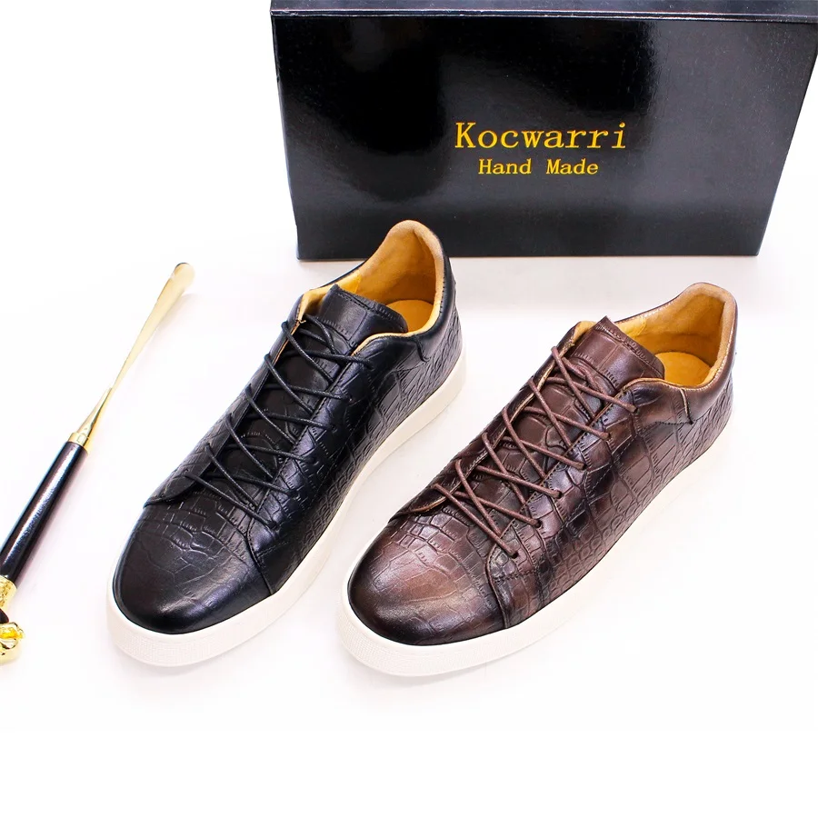 Men's Leather Shoes Casual Comfort Flat Shoes Lace Up Fish Pattern Handmade Shoes Dating Office Fashion Banquet Men's Shoes
