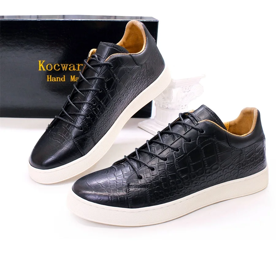 Men's Leather Shoes Casual Comfort Flat Shoes Lace Up Fish Pattern Handmade Shoes Dating Office Fashion Banquet Men's Shoes