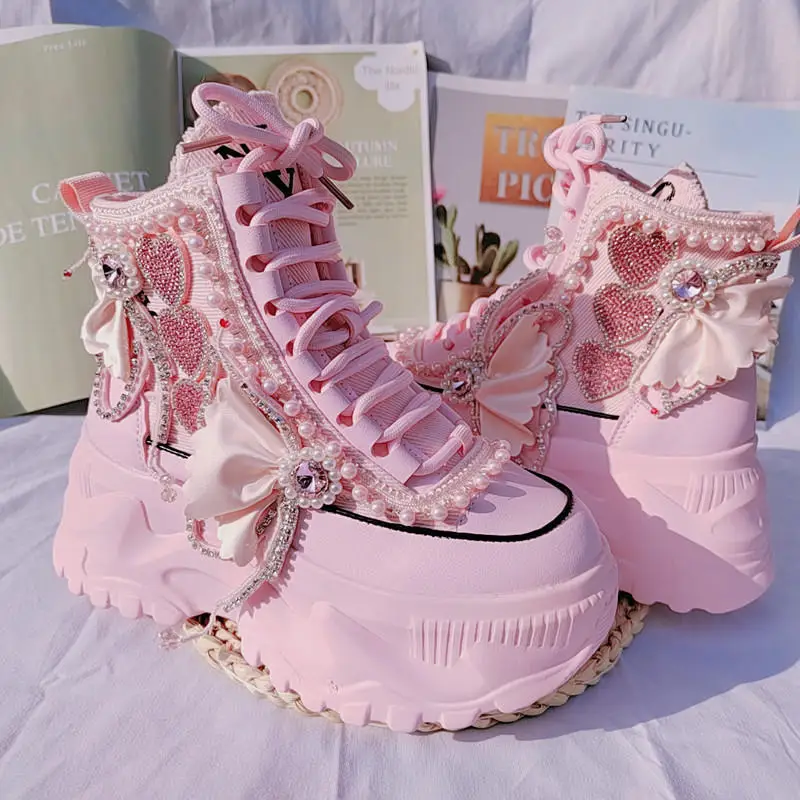 Fashion Women's Shoes Spring Casual Thick Sole 8cm Designer Sneakers Girls Lace-up Ladies Casual Shoes Women Sneakers