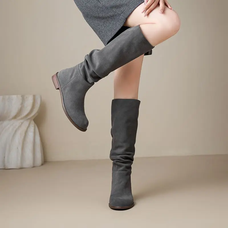 ASUMER Size 34-42 Cow Suede Leather Women Boots Pleated Low Heels Winter Boots Handmade Ladies Casual Western Boots Lady Shoes
