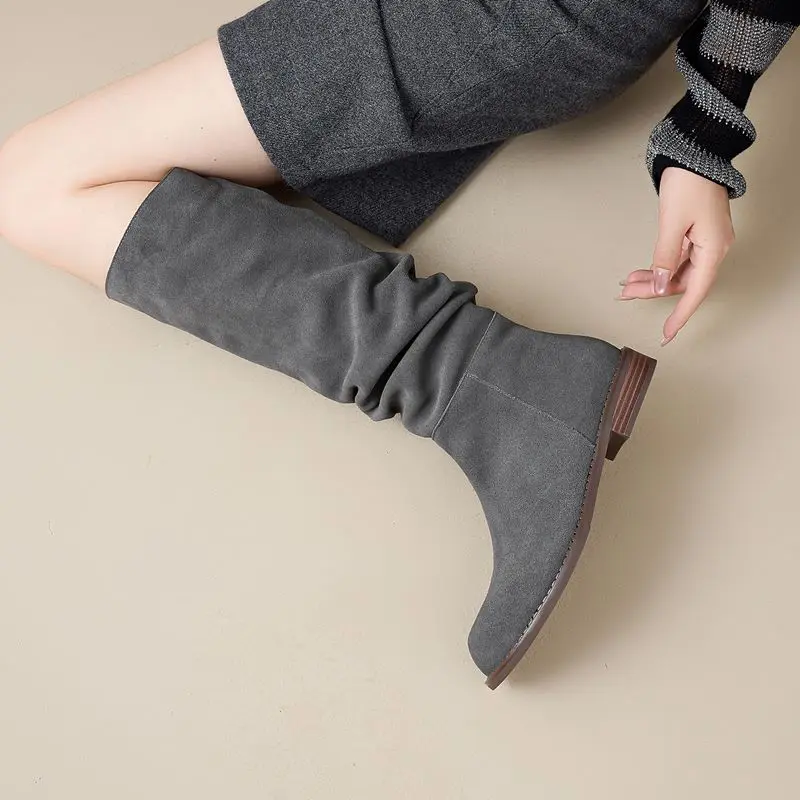 ASUMER Size 34-42 Cow Suede Leather Women Boots Pleated Low Heels Winter Boots Handmade Ladies Casual Western Boots Lady Shoes