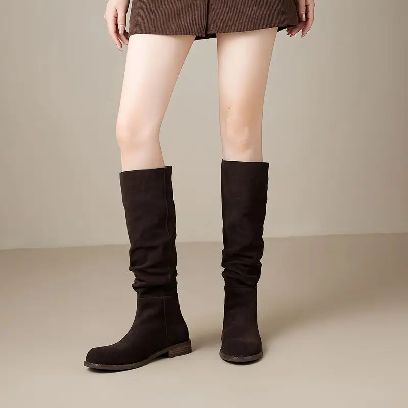 ASUMER Size 34-42 Cow Suede Leather Women Boots Pleated Low Heels Winter Boots Handmade Ladies Casual Western Boots Lady Shoes