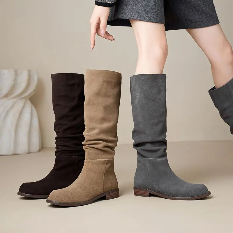 ASUMER Size 34-42 Cow Suede Leather Women Boots Pleated Low Heels Winter Boots Handmade Ladies Casual Western Boots Lady Shoes