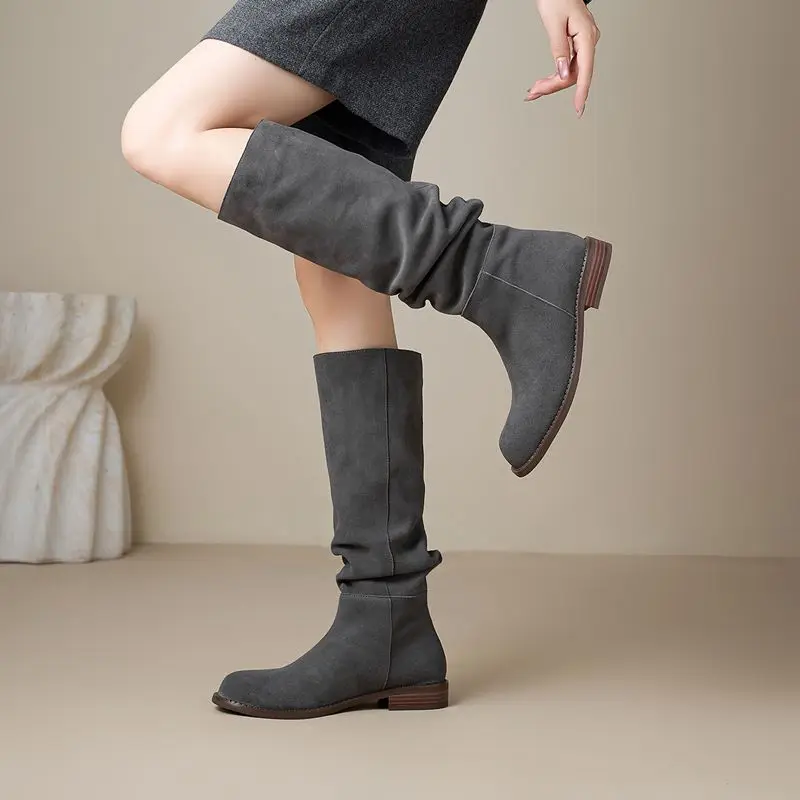 ASUMER Size 34-42 Cow Suede Leather Women Boots Pleated Low Heels Winter Boots Handmade Ladies Casual Western Boots Lady Shoes