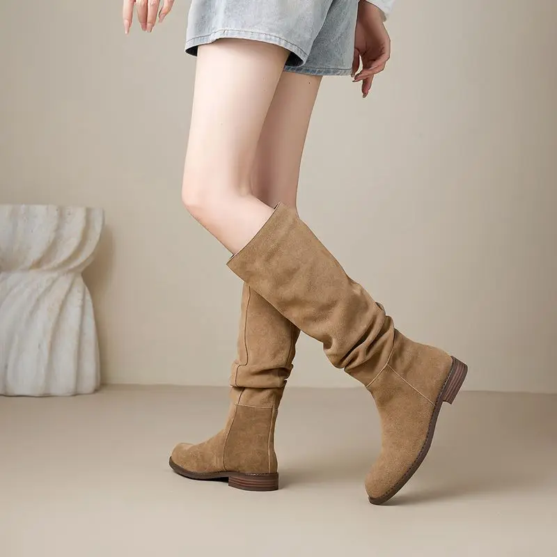 ASUMER Size 34-42 Cow Suede Leather Women Boots Pleated Low Heels Winter Boots Handmade Ladies Casual Western Boots Lady Shoes