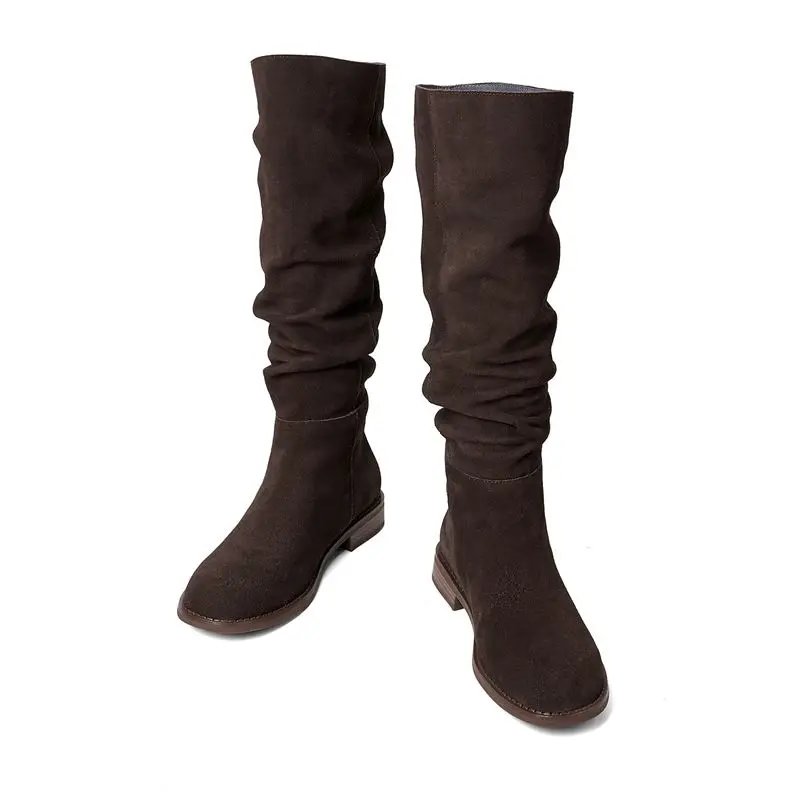 ASUMER Size 34-42 Cow Suede Leather Women Boots Pleated Low Heels Winter Boots Handmade Ladies Casual Western Boots Lady Shoes