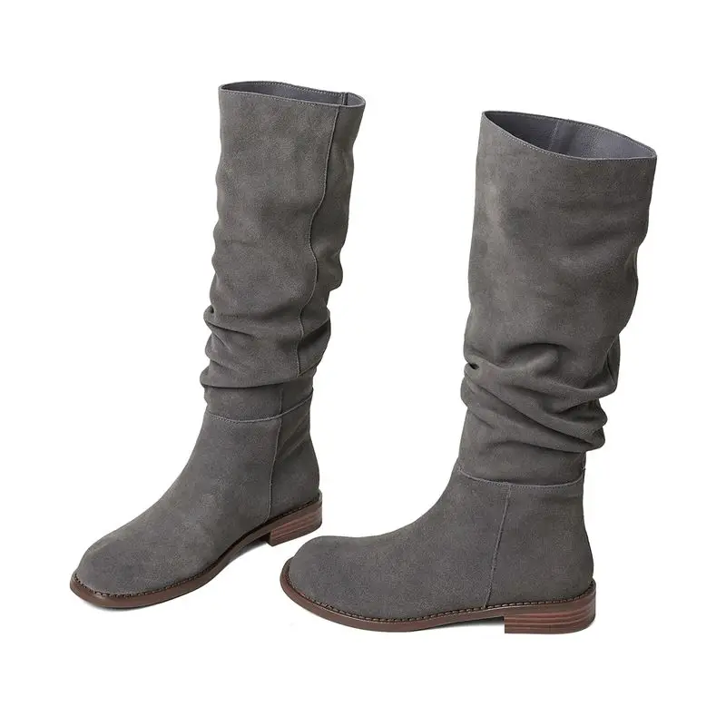 ASUMER Size 34-42 Cow Suede Leather Women Boots Pleated Low Heels Winter Boots Handmade Ladies Casual Western Boots Lady Shoes