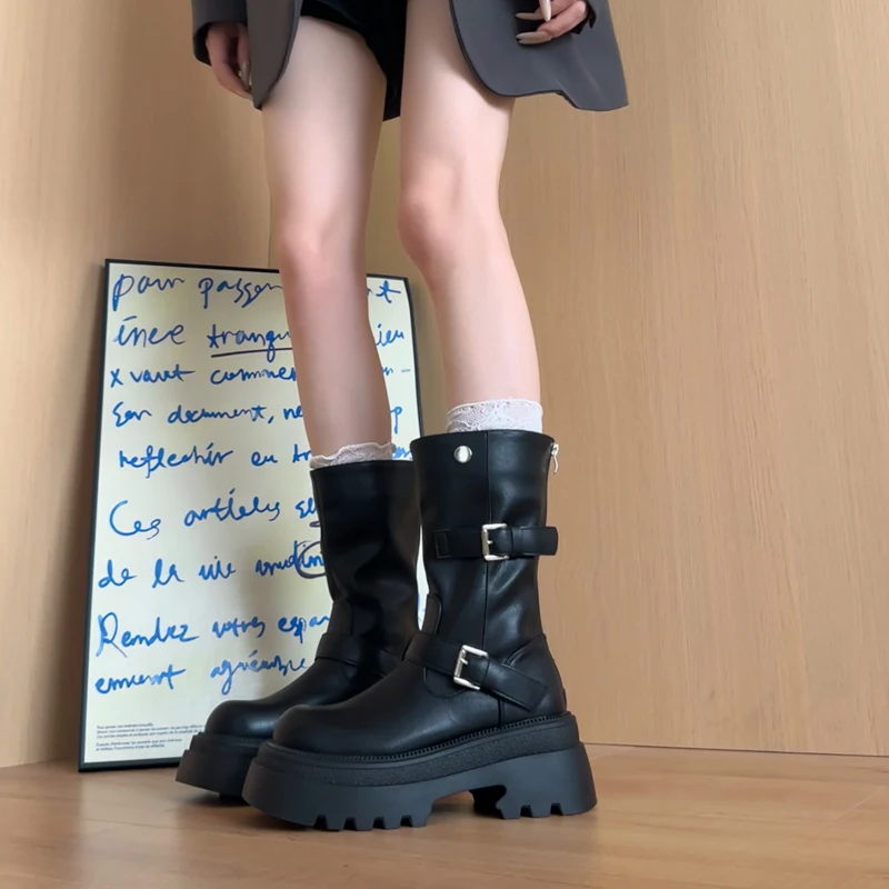 Slim Fit Motorcycle Mid Calf Boots Women Platform Thick Sole Double Buckle Strap Faux Leather Slip On Autumn Winter Ladies Boots