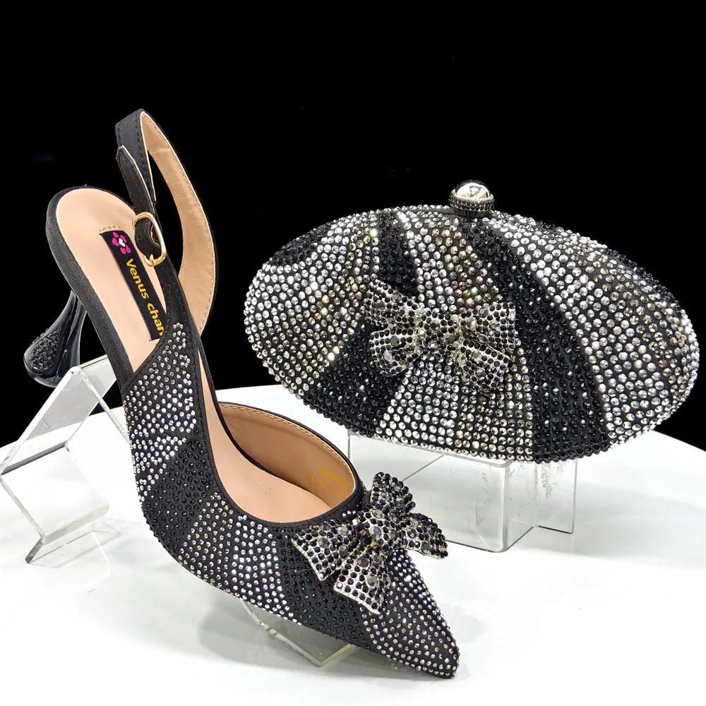 Venus Chan Green Color Pointed-Toe High Women Heels Shoes and Bags for Women Rhinestone Evening Party Elegant Luxury Handbag