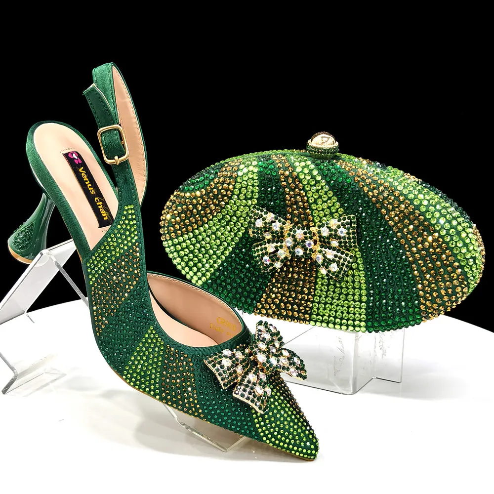 Venus Chan Green Color Pointed-Toe High Women Heels Shoes and Bags for Women Rhinestone Evening Party Elegant Luxury Handbag