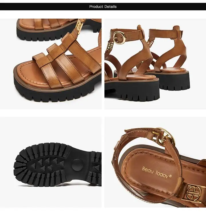 BeauToday Gladiator Sandals Women Genuine Leather Round Toe Ankle Metal Buckle Platform Summer Ladies Shoes Handmade 38215