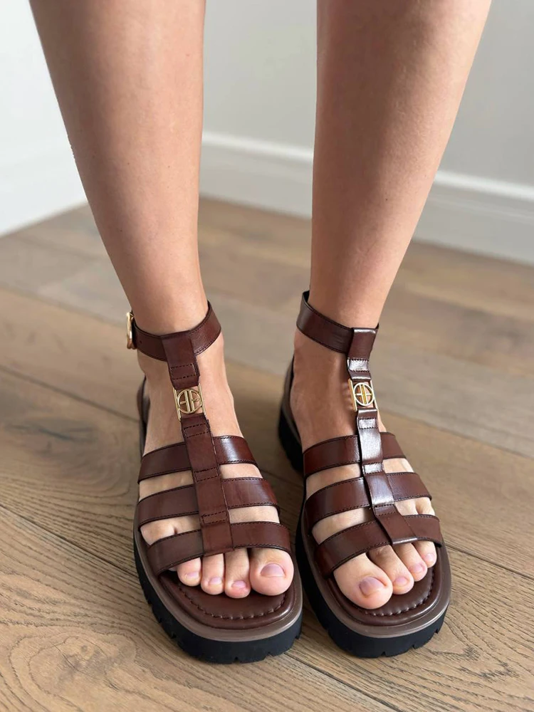 BeauToday Gladiator Sandals Women Genuine Leather Round Toe Ankle Metal Buckle Platform Summer Ladies Shoes Handmade 38215