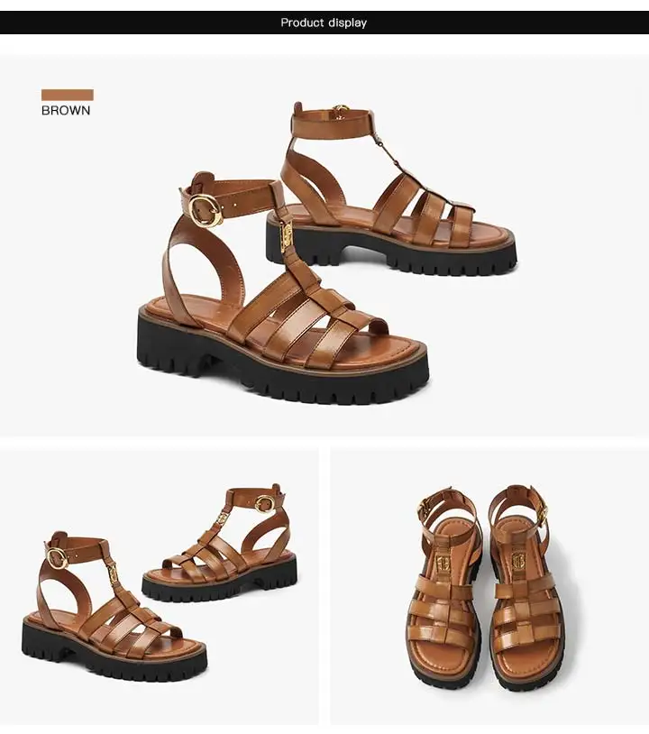 BeauToday Gladiator Sandals Women Genuine Leather Round Toe Ankle Metal Buckle Platform Summer Ladies Shoes Handmade 38215