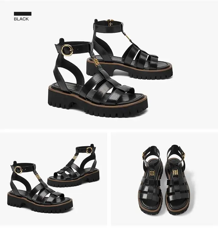 BeauToday Gladiator Sandals Women Genuine Leather Round Toe Ankle Metal Buckle Platform Summer Ladies Shoes Handmade 38215