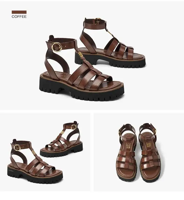 BeauToday Gladiator Sandals Women Genuine Leather Round Toe Ankle Metal Buckle Platform Summer Ladies Shoes Handmade 38215