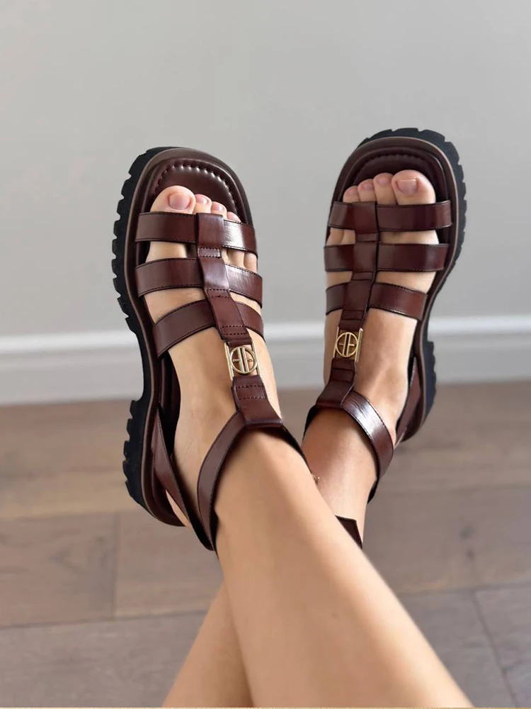 BeauToday Gladiator Sandals Women Genuine Leather Round Toe Ankle Metal Buckle Platform Summer Ladies Shoes Handmade 38215