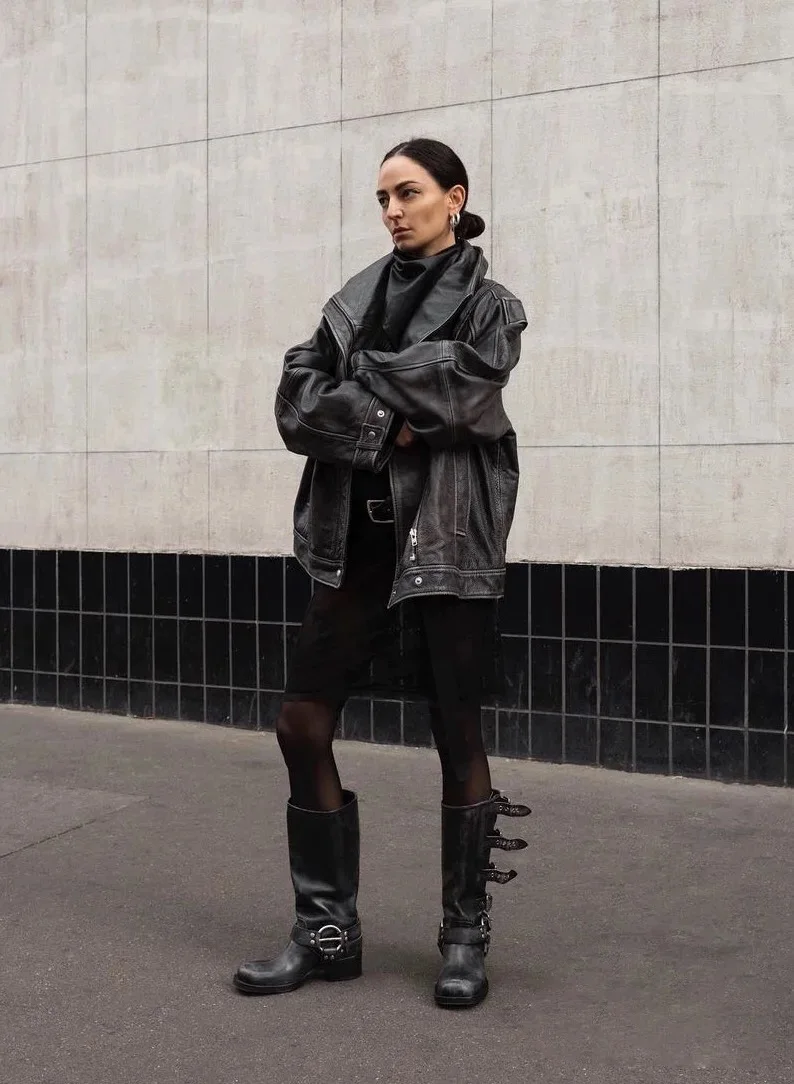 Metal Buckle Square Toe Knee High Boots Women Genuine Leather Leather Punk Long Boots Woman Chunky Heels Motorcycle Booties