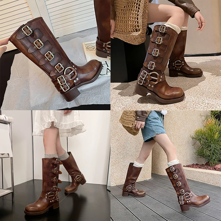 Metal Buckle Square Toe Knee High Boots Women Genuine Leather Leather Punk Long Boots Woman Chunky Heels Motorcycle Booties