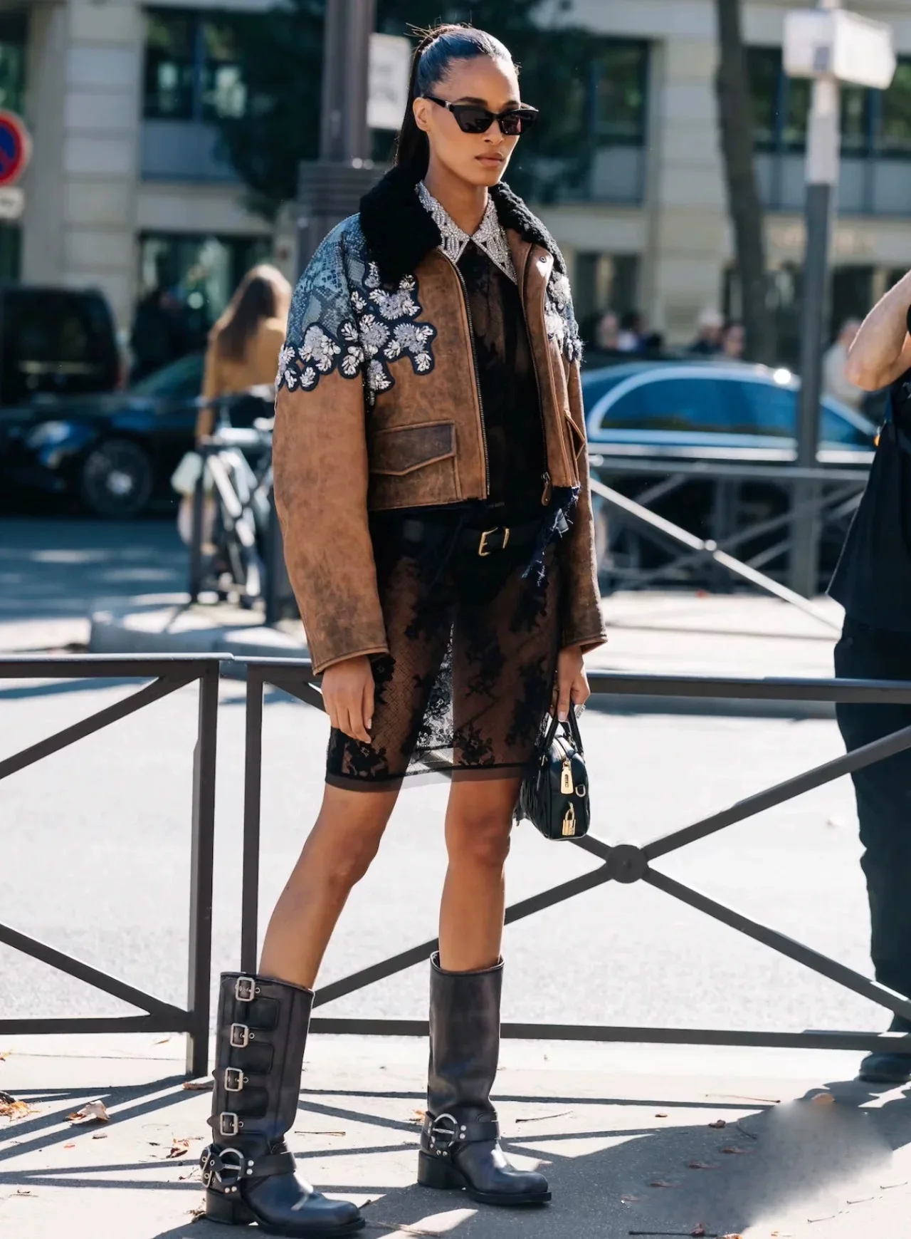 Metal Buckle Square Toe Knee High Boots Women Genuine Leather Leather Punk Long Boots Woman Chunky Heels Motorcycle Booties