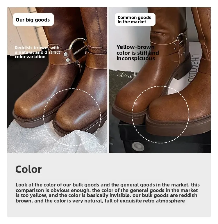 Metal Buckle Square Toe Knee High Boots Women Genuine Leather Leather Punk Long Boots Woman Chunky Heels Motorcycle Booties