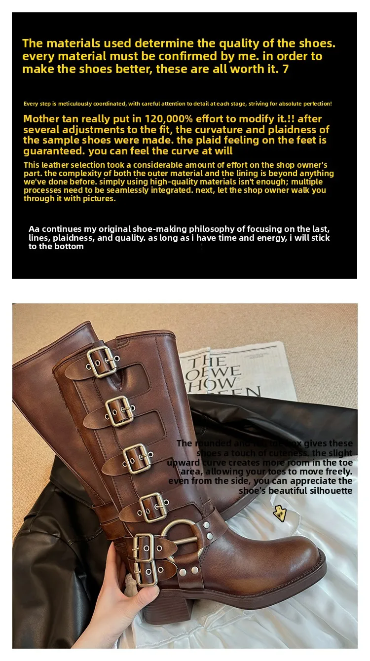 Metal Buckle Square Toe Knee High Boots Women Genuine Leather Leather Punk Long Boots Woman Chunky Heels Motorcycle Booties