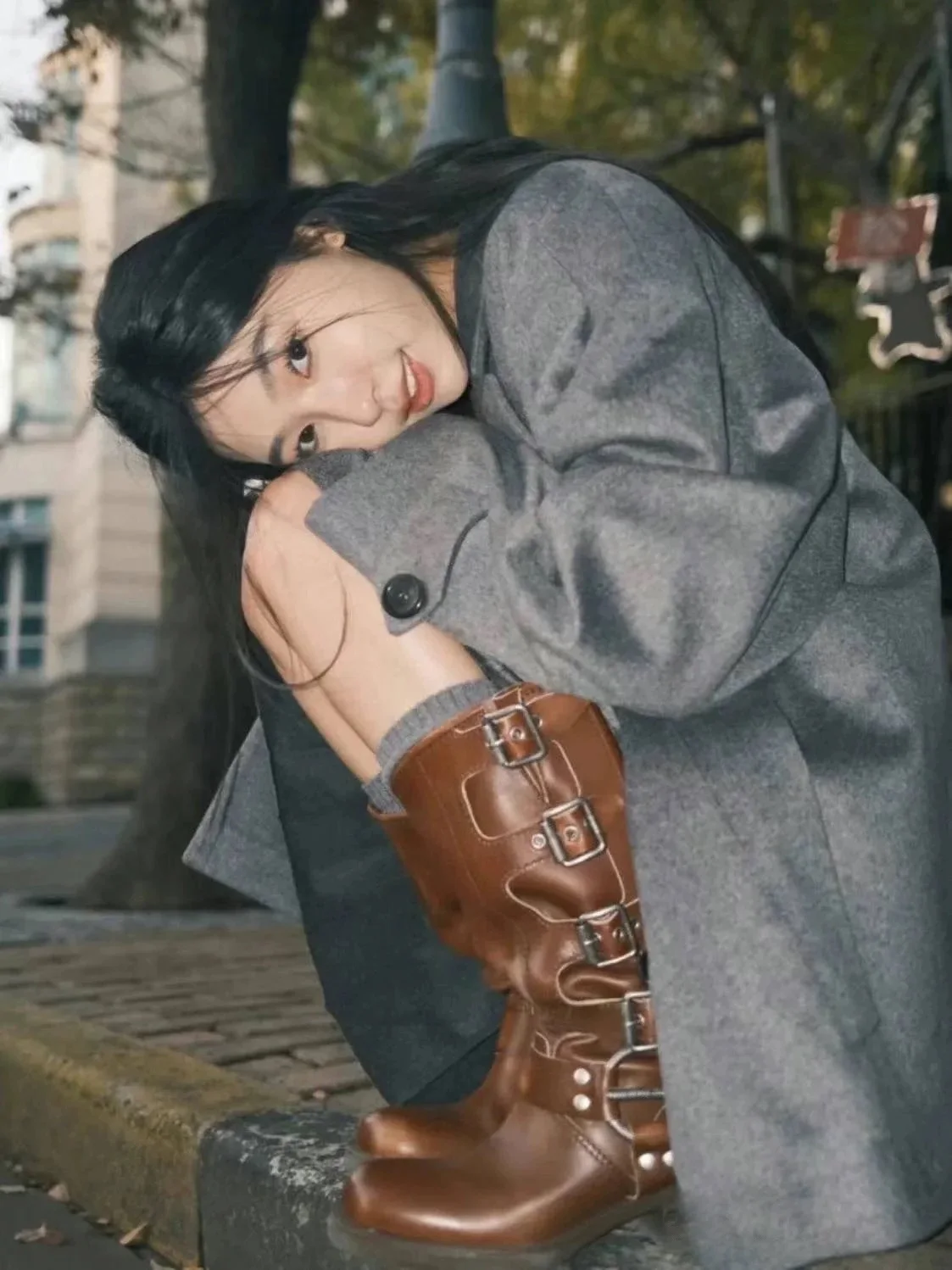 Metal Buckle Square Toe Knee High Boots Women Genuine Leather Leather Punk Long Boots Woman Chunky Heels Motorcycle Booties