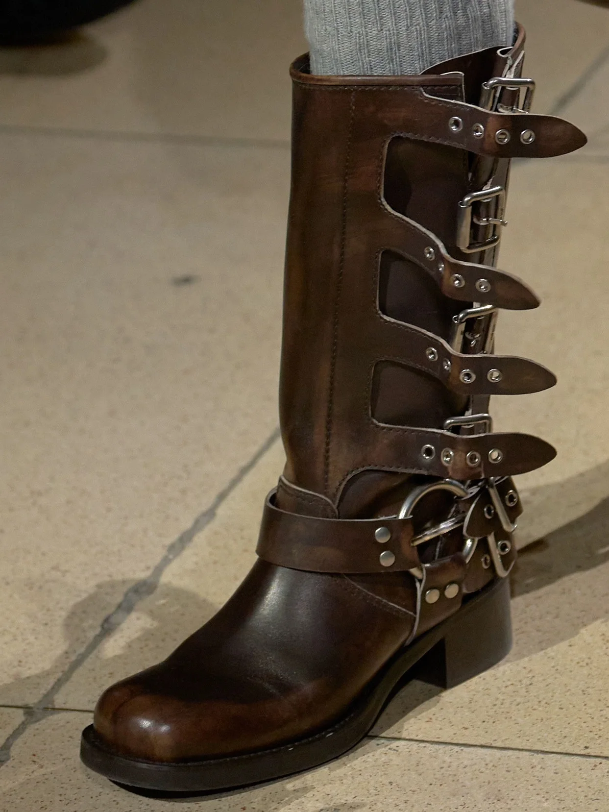 Metal Buckle Square Toe Knee High Boots Women Genuine Leather Leather Punk Long Boots Woman Chunky Heels Motorcycle Booties