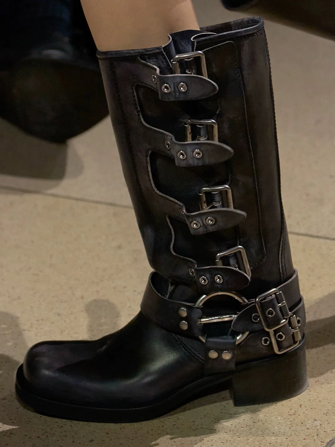 Metal Buckle Square Toe Knee High Boots Women Genuine Leather Leather Punk Long Boots Woman Chunky Heels Motorcycle Booties